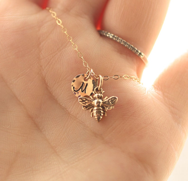 Tiny Honey Bee Necklace, Gold Initial Charm Necklace, Personalized Necklace, Initial Charm, Dainty Necklace, Gift for Her, Mother's Necklace image 4