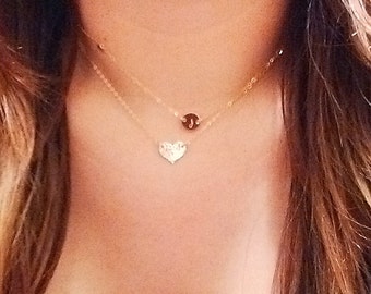 Layering Necklaces, Personalized Necklace Set, Initial Necklace, Heart Necklace, Double Strand, Gold Filled, Dainty Mother's Necklace