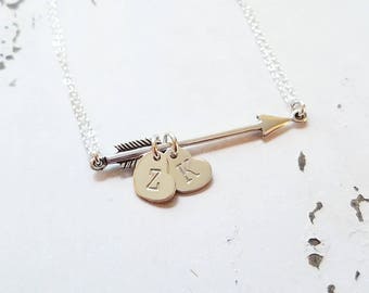 Heart and Arrow Necklace, Personalized Arrow Necklace, Dainty Initial Necklace, Sterling Silver, Gold Fill, Valentines Day Gift
