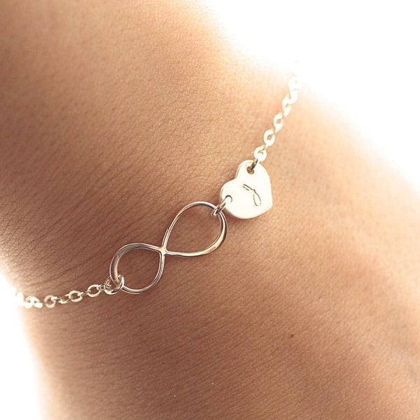 Personalized Infinity Bracelet, Initial Bracelet, Sterling Silver Infinity Bracelet, Mother's Heart Bracelet, Bridesmaids Jewelry