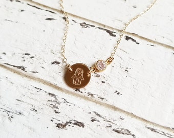 Gold Hamsa Necklace, Dainty Hamsa Hand Disc Necklace with Tiny Cubic Zirconia / Gold Fill / Rose Gold / Sterling Silver ~ Yoga Jewelry