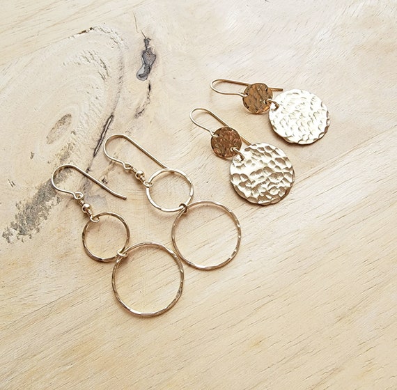 Dainty Double Hammered Circle Earrings, Gold Coin Disc Earrings