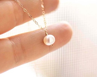 Tiny Pearl Necklace, Dainty Freshwater Pearl Necklace, Gold Fill, Sterling Silver, Rose Gold, Bridal, Bridesmaid Necklace, Everyday Necklace