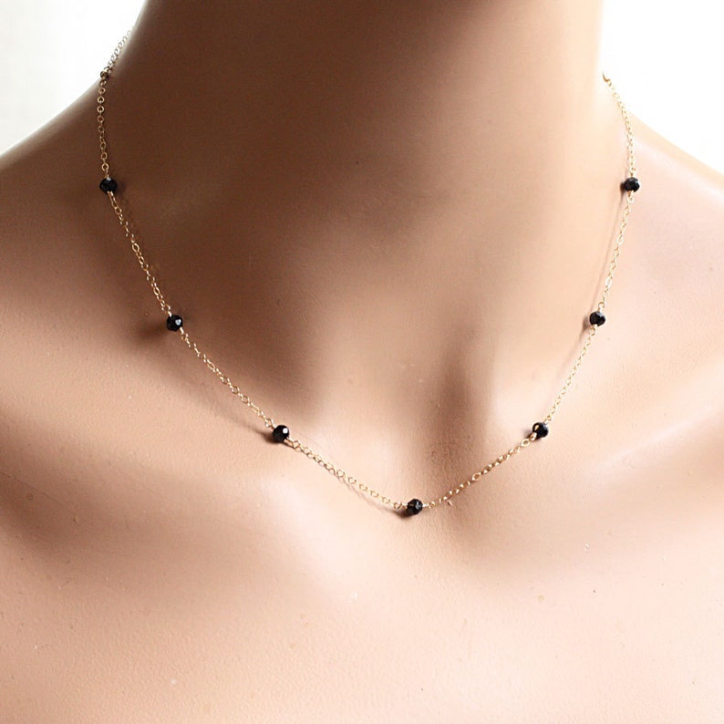 Tiny Gold Gemstone Necklace Minimal Everyday Necklace Black Etsy