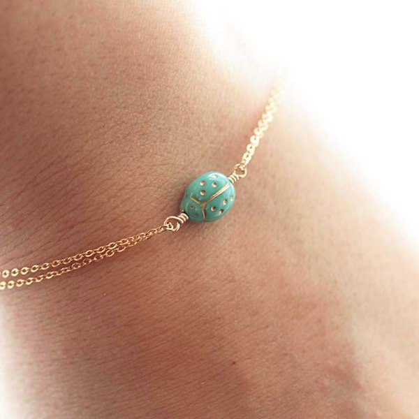 Lady Bug Bracelet, Delicate Gold Filled Bracelet - Turquoise Czech Ladybug Charm - Delicate, Feminine & Simple Minimal Bracelet