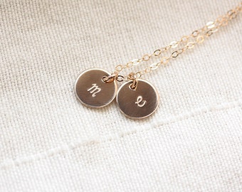 Initial Necklace, Gold Filled, TWO Initial Charms, Personalized Necklace, Hand Stamped, Initial Disc, Mother's Necklace, Dainty Necklace