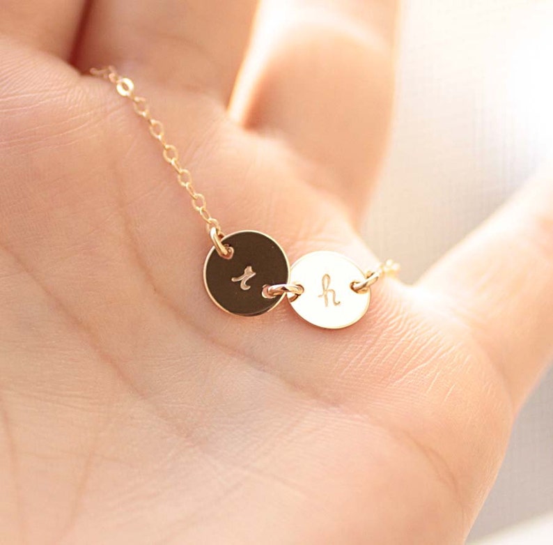 Two Initial Necklace, Gold Filled, 2 Initial Charms, Personalized Necklace, Hand Stamped, Initial Disc, Mother's Necklace, Dainty Necklace image 3