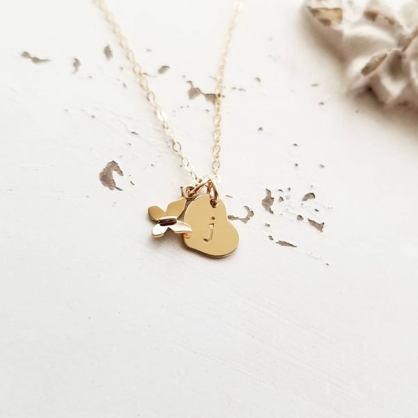 Tiny Butterfly & Heart Necklace, Flower Girl Gift, Sterling Silver, Gold Fill, Rose Gold, Personalized Initial Charm, Children's Necklace