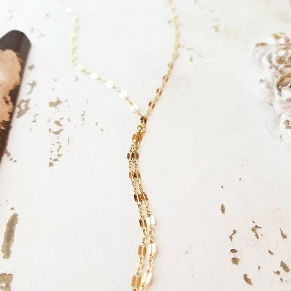 Shimmery Lariat Necklace, Sparkly Gold Lace Chain Y Necklace, Delicate Layering Sequin Chain Necklace // Gold Fill // Sterling Silver