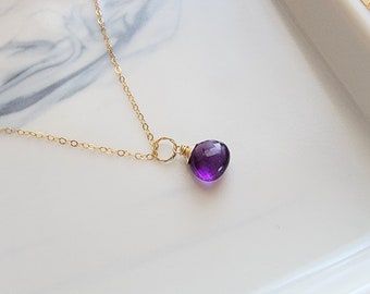 Dainty Amethyst Gemstone Necklace in 14kt Gold Fill / February Birthstone, Natural Wire Wrapped Gemstone Briolette Pendant. Gift for Her