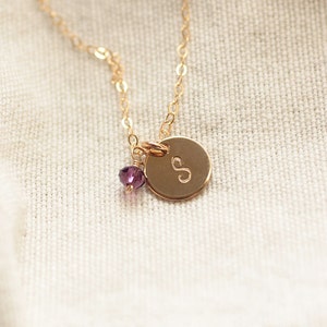 Tiny Gold Initial Necklace, Birthstone Necklace, Personalized Necklace, Hand Stamped, Initial Disc, Mother's Necklace, Gold Filled, Dainty image 1
