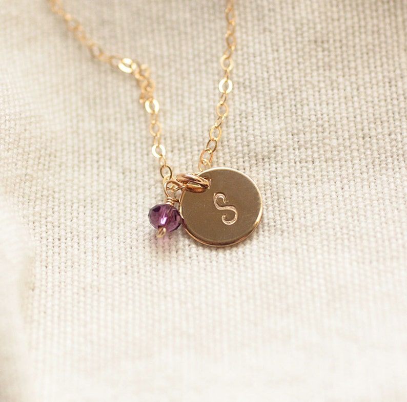 Tiny Gold Initial Necklace, Birthstone Necklace, Personalized Necklace, Hand Stamped, Initial Disc, Mother's Necklace, Gold Filled, Dainty image 1