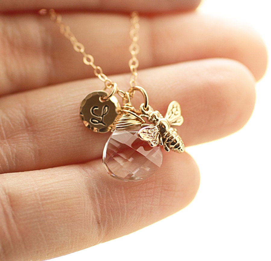 Golden Honey Bee Necklace Gold Initial Charm Golden Shadow Etsy