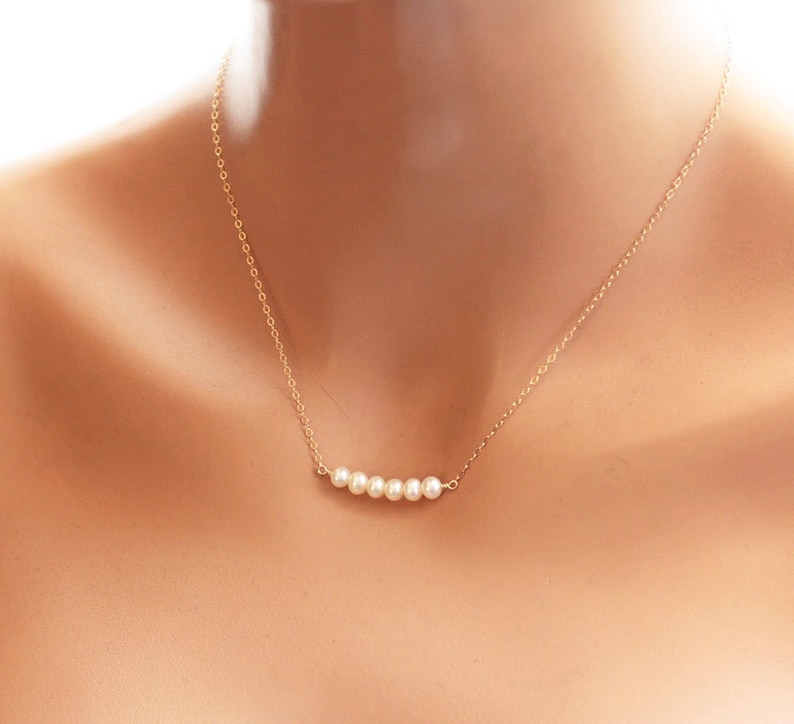 Dainty Pearl Necklace, Tiny and Petite Row of Pearls, Sterling Silver, Gold Fill, Rose Gold Necklace, Bridesmaids Necklace, Wedding Jewelry image 1