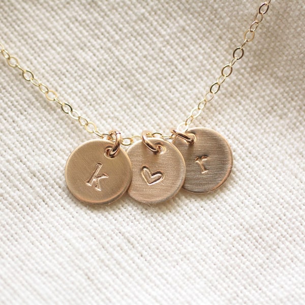 Gold Initial Necklace, Brushed Initial Discs, Personalized Necklace, Matte Initial Charm Necklace, Mothers Necklace, Gold Fill, Hand Stamped