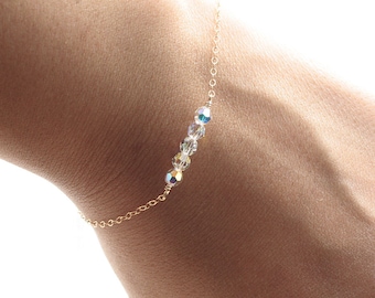 Dainty Everyday Gold Chain Bracelet - Floating Swarovski Crystal Clear AB Faceted Beads - Delicate, Feminine & Simple