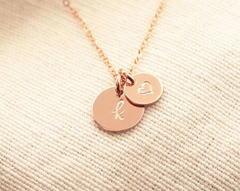 Rose Gold Initial Necklace, Big & Little Disc Necklace, Dainty Initial Charms, Personalized Necklace, Mother's Necklace, Dainty Necklace