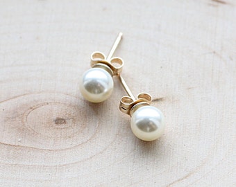 Tiny Gold Pearl Post Earrings - Simple Everyday Earrings, 14k Gold Fill - Ivory Swarovski Pearl - Bridal Earrings - Bridesmaid Earrings