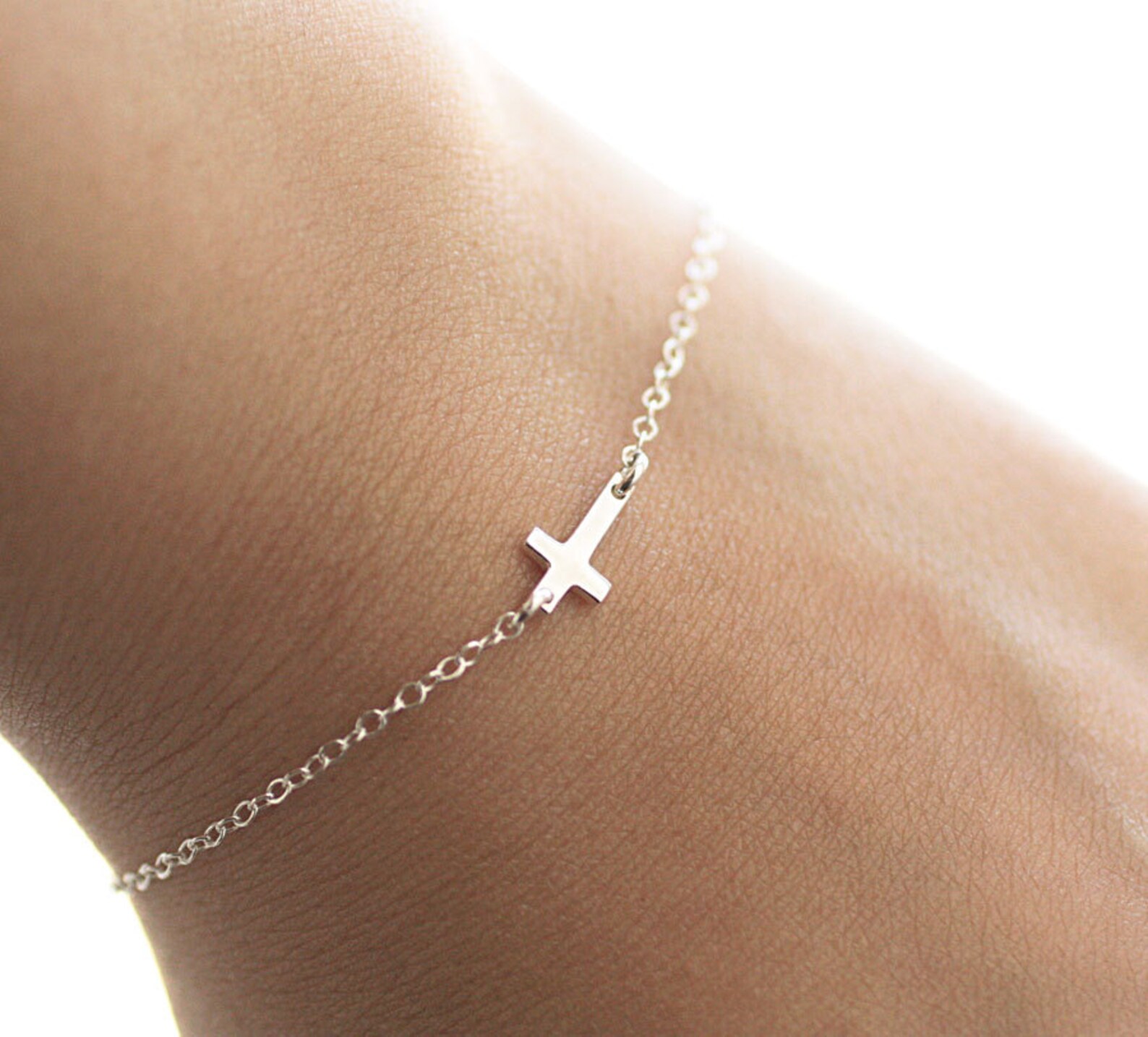 Sideways Cross Bracelet Tiny Cross Charmsterling Silver Etsy