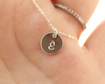 Initial Necklace, Sterling Silver Initial Necklace - Circle Disc Charm Hand Stamped - Personalized Everyday Necklace - Bridesmaid