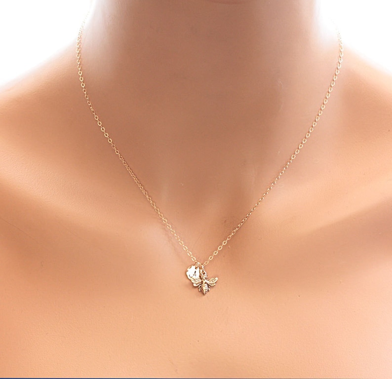 Tiny Honey Bee Necklace, Gold Initial Charm Necklace, Personalized Necklace, Initial Charm, Dainty Necklace, Gift for Her, Mother's Necklace image 2