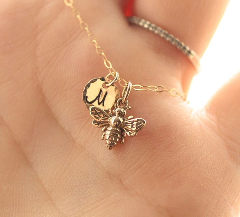 Tiny Honey Bee Necklace, Gold Initial Charm Necklace, Personalized Necklace, Initial Charm, Dainty Necklace, Gift for Her, Mother's Necklace image 3