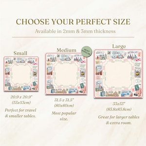 May include: Three travel-themed placemats in small, medium, and large sizes. Each placemat features illustrations of landmarks and travel elements. The small placemat is 20.9 x 20.9 inches, the medium is 31.5 x 31.5 inches, and the large is 33 x 33 inches. The text reads "Choose Your Perfect Size."