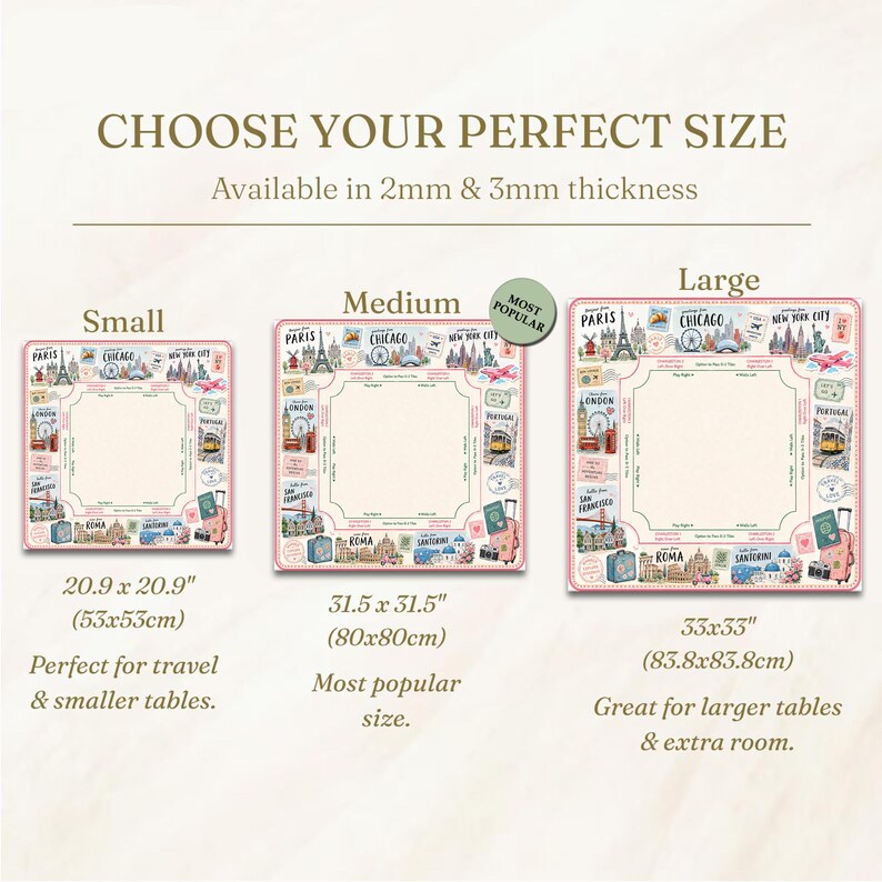 May include: Three travel-themed placemats in small, medium, and large sizes. Each placemat features illustrations of landmarks and travel elements. The small placemat is 20.9 x 20.9 inches, the medium is 31.5 x 31.5 inches, and the large is 33 x 33 inches. The text reads "Choose Your Perfect Size."