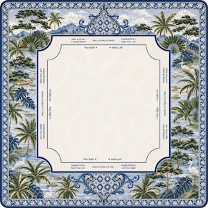 May include: A square, decorative game board with a tropical landscape design. The border is a dark blue with a repeating pattern. The interior features palm trees, water, and text that reads "Charleston 1" and "Charleston 2".