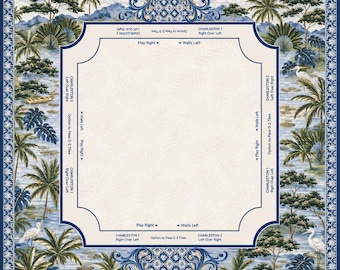 Blue Chinoiserie Tropical Palm Tree Mahjong Mat, Coastal Game Table Runner