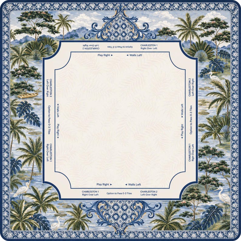 May include: A square, decorative game board with a tropical landscape design. The border is a dark blue with a repeating pattern. The interior features palm trees, water, and text that reads "Charleston 1" and "Charleston 2".