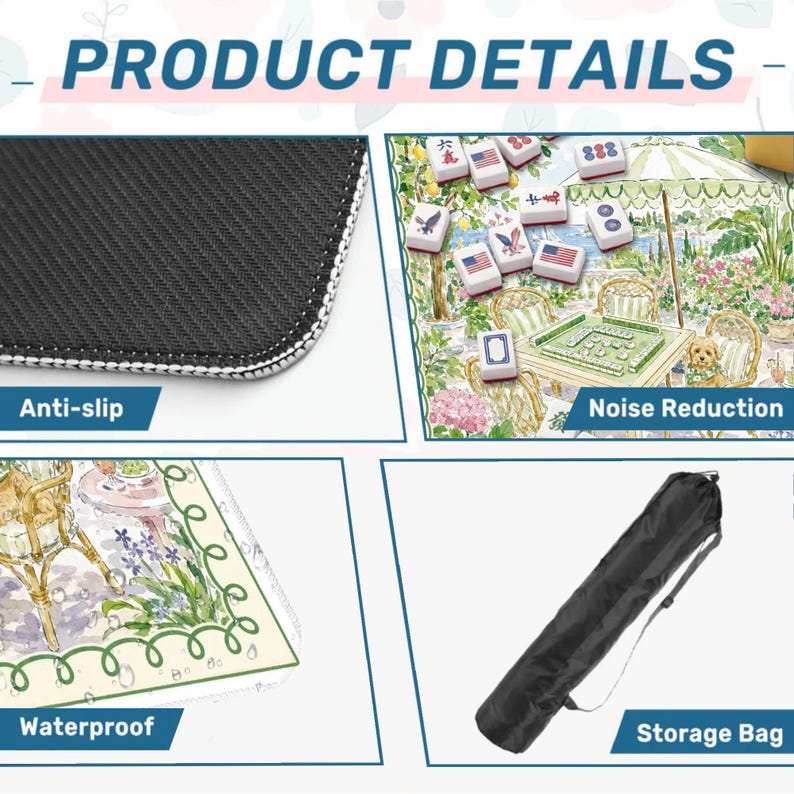 May include: Product details image showing an anti-slip surface, a colorful illustration of a game, a waterproof surface, and a black storage bag. The image includes text that reads "Product Details", "Anti-slip", "Noise Reduction", "Waterproof", and "Storage Bag".