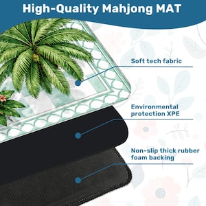May include: A rectangular Mahjong mat featuring a green palm tree and floral design on a light blue and white checkered background. The mat consists of three layers: a soft tech fabric top, an environmental protection XPE middle, and a non-slip thick rubber foam backing.