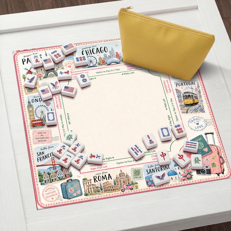 May include: A travel-themed Mahjong set with tiles and a yellow pouch. The game board features illustrations of cities like Chicago, London, and Rome. The tiles are white with various symbols and designs.