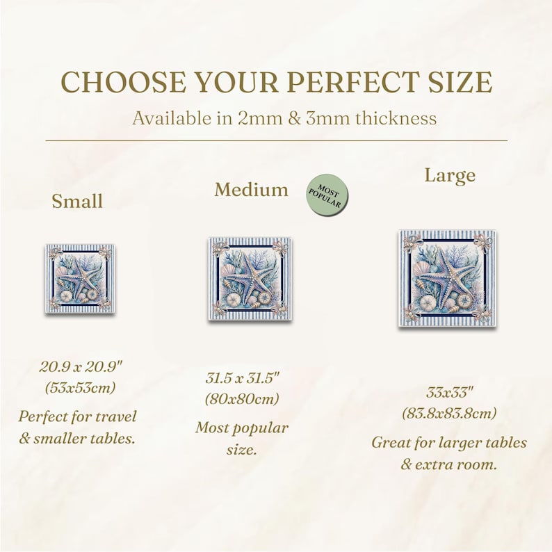 May include: Image showing three sizes of a square decorative item with a starfish and seashell design. Sizes are small (20.9 x 20.9 inches), medium (31.5 x 31.5 inches), and large (33 x 33 inches). Text reads "Choose Your Perfect Size."