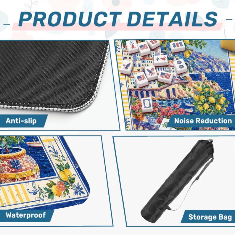 Puede incluir: Imagen de detalles del producto: una alfombrilla antideslizante, un tablero de juego con fichas y una bolsa de almacenamiento negra. El tablero de juego presenta un paisaje costero con flores y edificios. El texto "PRODUCT DETAILS" est&aacute; en la parte superior.
