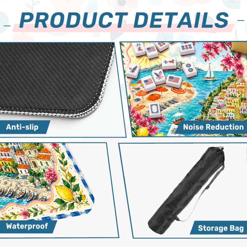 Puede incluir: Imagen de detalles del producto: una alfombra antideslizante e impermeable con una escena costera colorida y una bolsa de almacenamiento. La alfombra presenta una ilustraci&oacute;n detallada de un pueblo costero, sombrillas y fichas de mahjong. Texto: "Noise Reduction" y "Storage Bag".