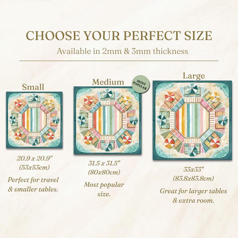 May include: Image showing three square mats with beach-themed designs. The mats vary in size: 20.9 x 20.9 inches, 31.5 x 31.5 inches, and 33 x 33 inches. Each mat features a central striped pattern and beach umbrella and chair illustrations. Text reads "CHOOSE YOUR PERFECT SIZE".