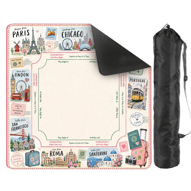 May include: A travel-themed play mat featuring illustrations of famous landmarks from cities like Paris, London, and Rome. The mat has a cream-colored background with pink borders and a black carrying bag.