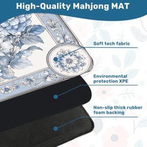 May include: A Mahjong mat featuring a blue and white floral pattern with text labels indicating a soft tech fabric top layer, an environmental protection XPE middle layer, and a non-slip thick rubber foam backing for the base layer.