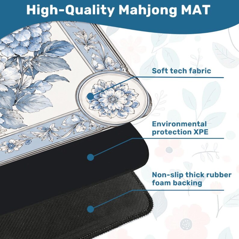 May include: A Mahjong mat featuring a blue and white floral pattern with text labels indicating a soft tech fabric top layer, an environmental protection XPE middle layer, and a non-slip thick rubber foam backing for the base layer.