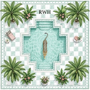 May include: A square decorative scarf featuring a top-down illustration of a swimming pool with a leopard swimming in the center. The pool is surrounded by palm trees, potted flowers, and a lounge chair. The text RWH is printed at the top.