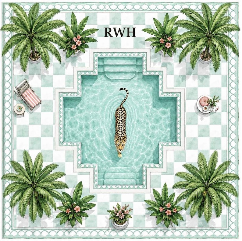 May include: A square decorative scarf featuring a top-down illustration of a swimming pool with a leopard swimming in the center. The pool is surrounded by palm trees, potted flowers, and a lounge chair. The text RWH is printed at the top.
