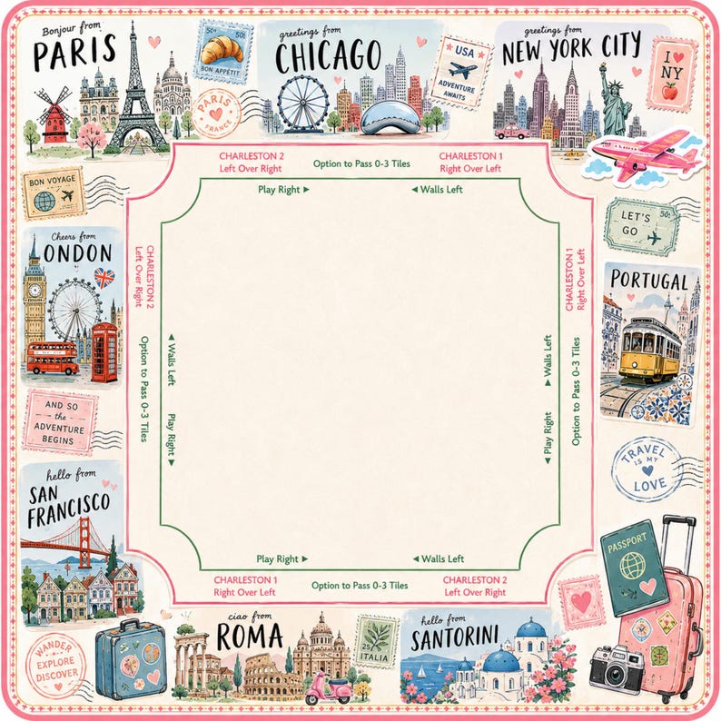 May include: A travel-themed decorative mat with illustrations of famous landmarks and cities like Paris, London, and New York City. The mat features stamps, a pink suitcase, and the text "Travel is my Love."