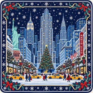 May include: A square illustration of a snowy New York City scene at night, featuring the Statue of Liberty, skyscrapers, a large decorated Christmas tree, and yellow taxis. The border is dark blue with white snowflakes, pine branches, and red bows.