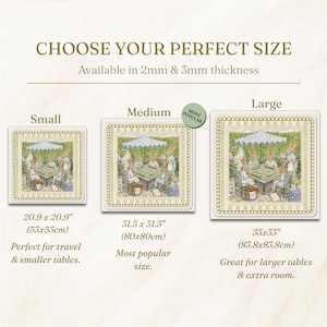 May include: A square mat featuring a printed illustration of rabbits playing mahjong under a parasol. The image displays three size options: small at 20.9 x 20.9 inches, medium at 31.5 x 31.5 inches, and large at 33 x 33 inches, with 2mm and 3mm thickness.
