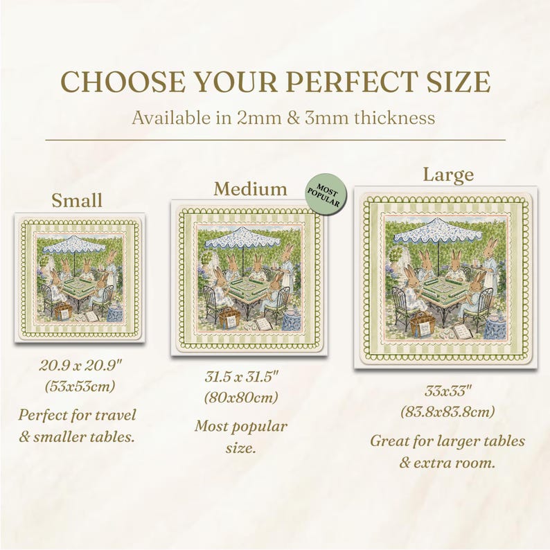 May include: A square mat featuring a printed illustration of rabbits playing mahjong under a parasol. The image displays three size options: small at 20.9 x 20.9 inches, medium at 31.5 x 31.5 inches, and large at 33 x 33 inches, with 2mm and 3mm thickness.
