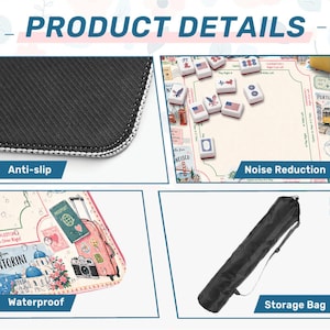 May include: Product details image showing an anti-slip surface, a game board with tiles, a waterproof design, and a storage bag. The game board features travel-themed illustrations and text. The image highlights key features.