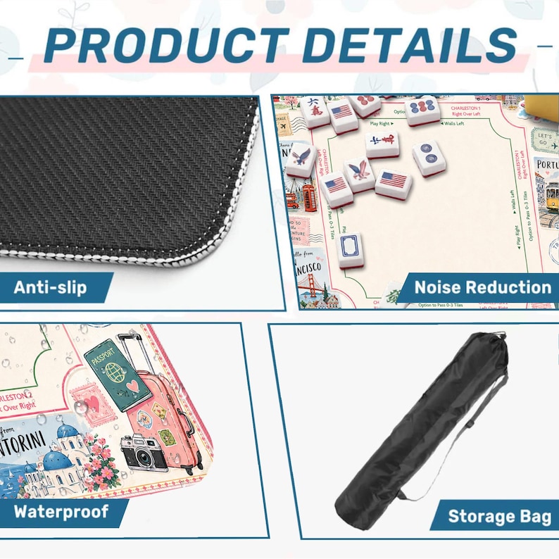 May include: Product details image showing an anti-slip surface, a game board with tiles, a waterproof design, and a storage bag. The game board features travel-themed illustrations and text. The image highlights key features.