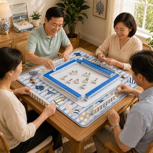Puede incluir: Cuatro personas juegan al Mahjong alrededor de una mesa de madera. El juego incluye fichas azules y blancas y una superficie de juego con borde azul con ilustraciones de tem&aacute;tica n&aacute;utica. Los jugadores sonr&iacute;en y est&aacute;n concentrados.